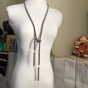 Chain & Leather Tassel Slide Necklace Blue & Silver Tone